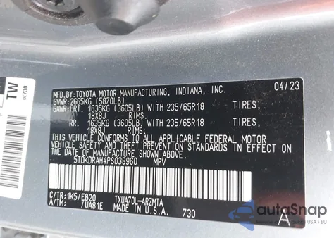 2023 Toyota Highlander Xle из США, поврежденный, VIN 5TDKDRAH4PS038960